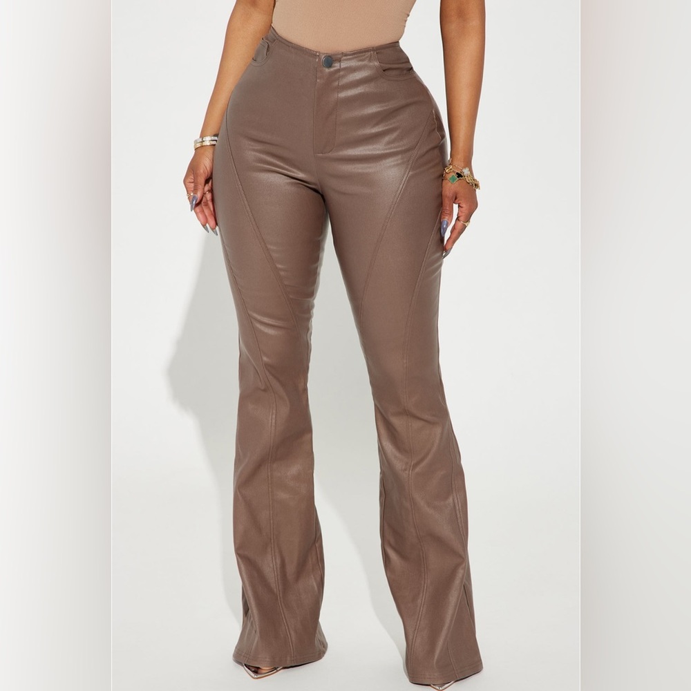 Flare pants, mid-rise,front pockets, coated faux leather, 10% spandex, stretch